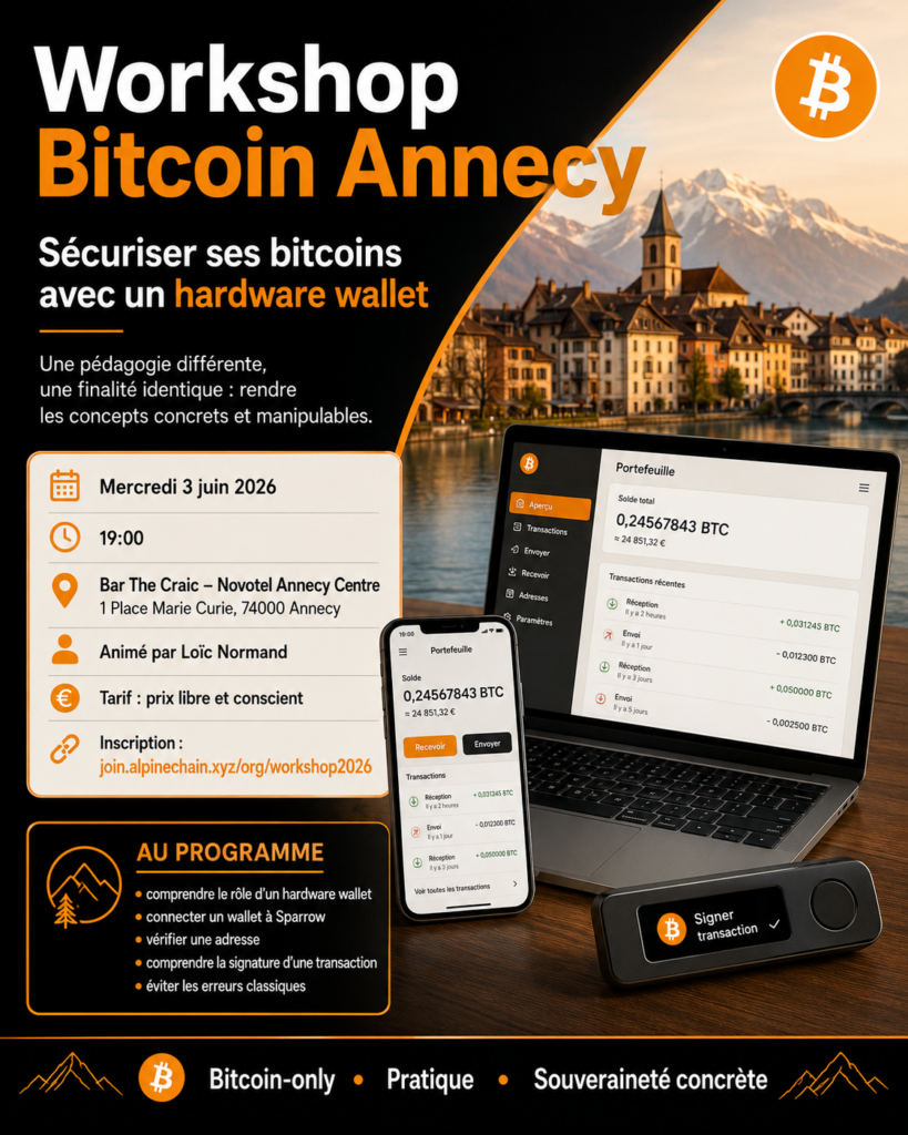 Affiche du workshop Bitcoin Annecy du 3 juin 2026 sur la sécurisation des bitcoins avec un hardware wallet, animé par Loïc Normand au bar The Craic du Novotel Annecy Centre.