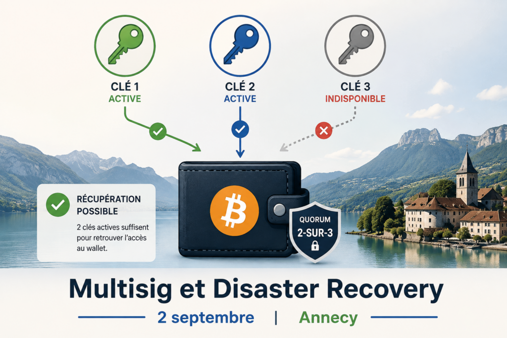 Schéma de trois clés protégeant un wallet Bitcoin en multisig 2-sur-3 ; deux clés actives permettent la récupération malgré la perte de la troisième.
