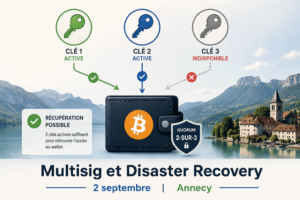 Schéma de trois clés protégeant un wallet Bitcoin en multisig 2-sur-3 ; deux clés actives permettent la récupération malgré la perte de la troisième.